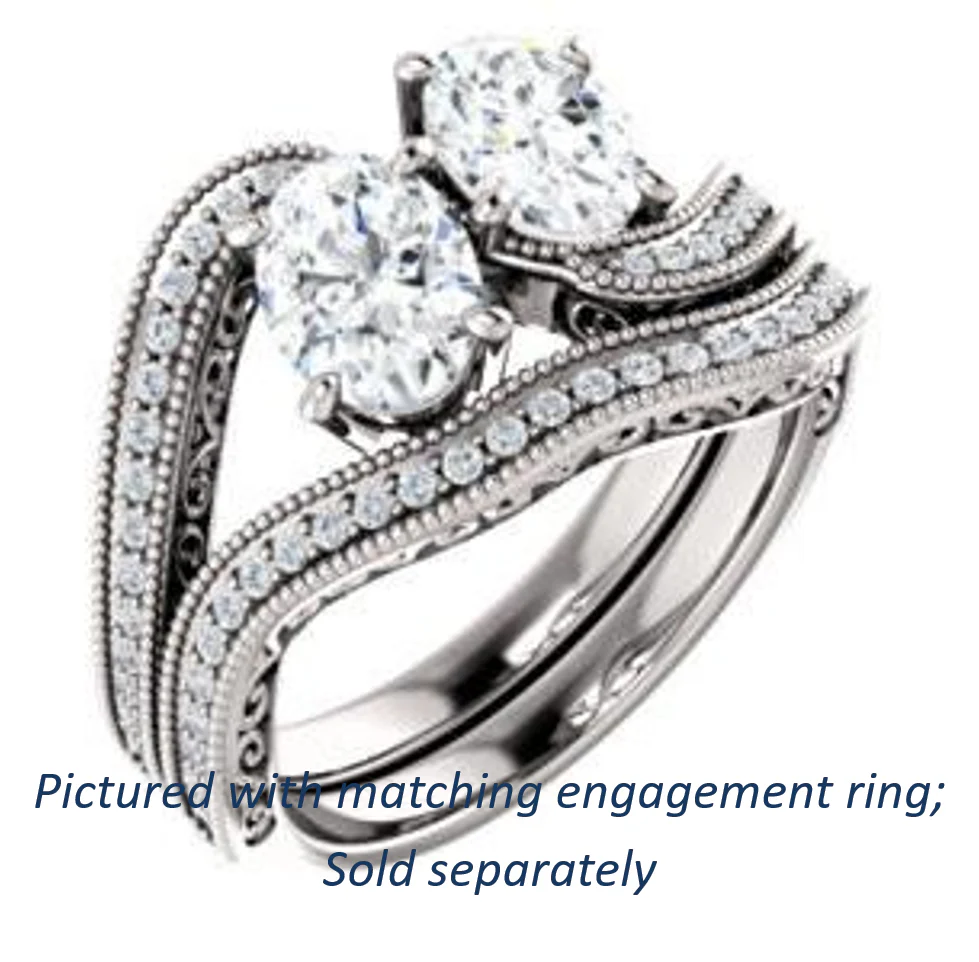 Cubic Zirconia Engagement Ring- The Aylen (Customizable Enhanced 2-stone Oval Cut Artisan Design with 3-sided Filigree and Pavé Band) - Image 7