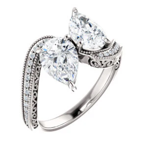 Cubic Zirconia Engagement Ring- The Aylen (Customizable Enhanced 2-stone Pear Cut Artisan Design with 3-sided Filigree and Pavé Band) - Image 2