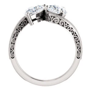 Cubic Zirconia Engagement Ring- The Aylen (Customizable Enhanced 2-stone Pear Cut Artisan Design with 3-sided Filigree and Pavé Band) - Image 3