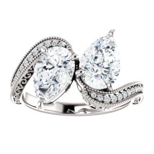 Cubic Zirconia Engagement Ring- The Aylen (Customizable Enhanced 2-stone Pear Cut Artisan Design with 3-sided Filigree and Pavé Band) - Image 4