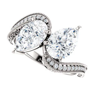 Cubic Zirconia Engagement Ring- The Aylen (Customizable Enhanced 2-stone Pear Cut Artisan Design with 3-sided Filigree and Pavé Band) - Image 6