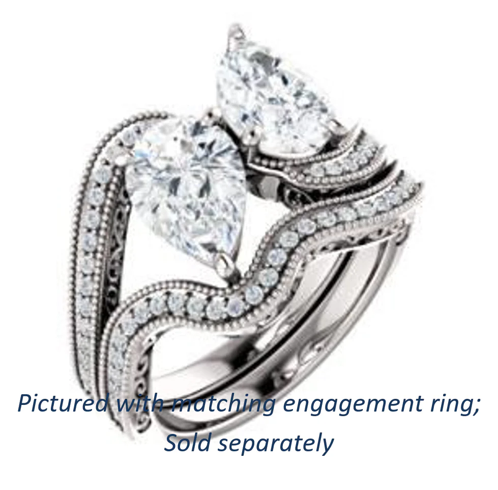 Cubic Zirconia Engagement Ring- The Aylen (Customizable Enhanced 2-stone Pear Cut Artisan Design with 3-sided Filigree and Pavé Band) - Image 7