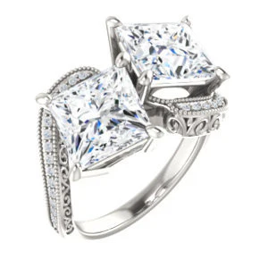 Cubic Zirconia Engagement Ring- The Aylen (Customizable Enhanced 2-stone Princess Cut Artisan Design with 3-sided Filigree and Pavé Band) - Image 2