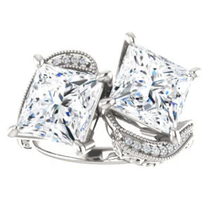 Cubic Zirconia Engagement Ring- The Aylen (Customizable Enhanced 2-stone Princess Cut Artisan Design with 3-sided Filigree and Pavé Band) - Image 4