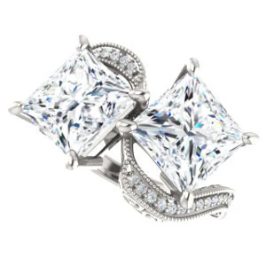 Cubic Zirconia Engagement Ring- The Aylen (Customizable Enhanced 2-stone Princess Cut Artisan Design with 3-sided Filigree and Pavé Band) - Image 6