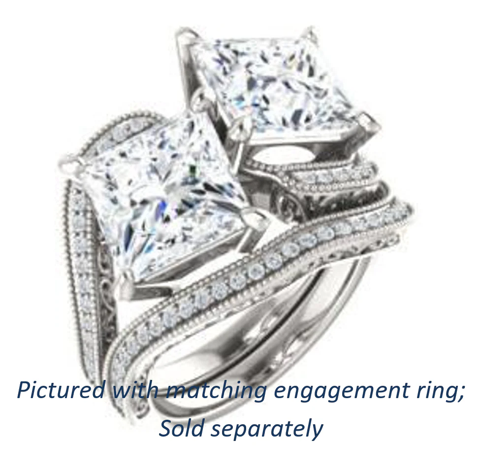 Cubic Zirconia Engagement Ring- The Aylen (Customizable Enhanced 2-stone Princess Cut Artisan Design with 3-sided Filigree and Pavé Band) - Image 7