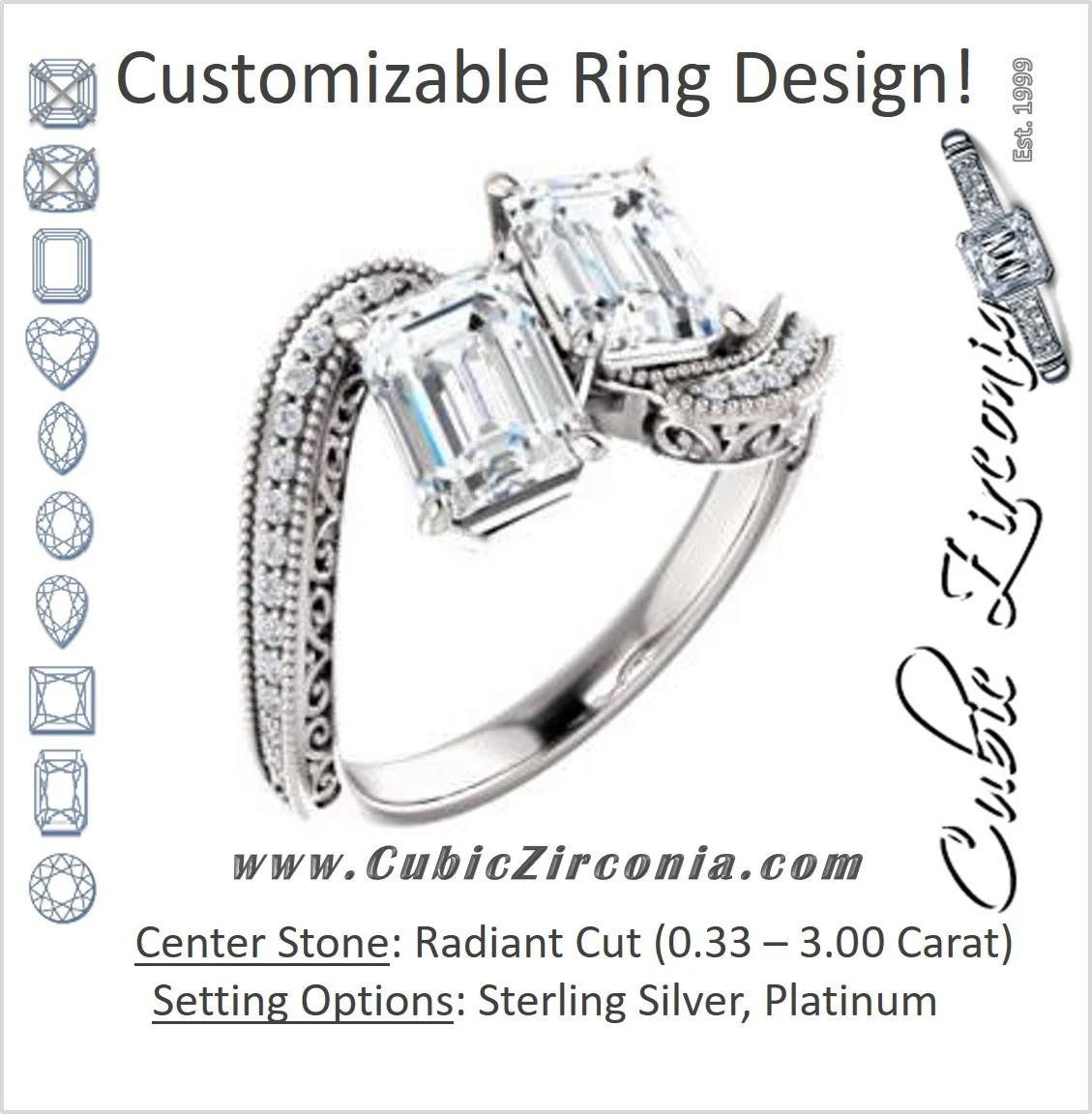 Cubic Zirconia Engagement Ring- The Aylen (Customizable Enhanced 2-stone Radiant Cut Artisan Design with 3-sided Filigree and Pavé Band)