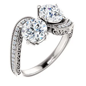 Cubic Zirconia Engagement Ring- The Aylen (Customizable Enhanced 2-stone Round Cut Artisan Design with 3-sided Filigree and Pavé Band) - Image 2
