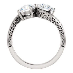 Cubic Zirconia Engagement Ring- The Aylen (Customizable Enhanced 2-stone Round Cut Artisan Design with 3-sided Filigree and Pavé Band) - Image 3