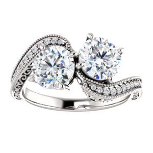 Cubic Zirconia Engagement Ring- The Aylen (Customizable Enhanced 2-stone Round Cut Artisan Design with 3-sided Filigree and Pavé Band) - Image 4