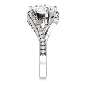 Cubic Zirconia Engagement Ring- The Aylen (Customizable Enhanced 2-stone Round Cut Artisan Design with 3-sided Filigree and Pavé Band) - Image 5