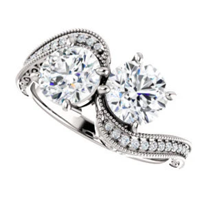 Cubic Zirconia Engagement Ring- The Aylen (Customizable Enhanced 2-stone Round Cut Artisan Design with 3-sided Filigree and Pavé Band) - Image 6