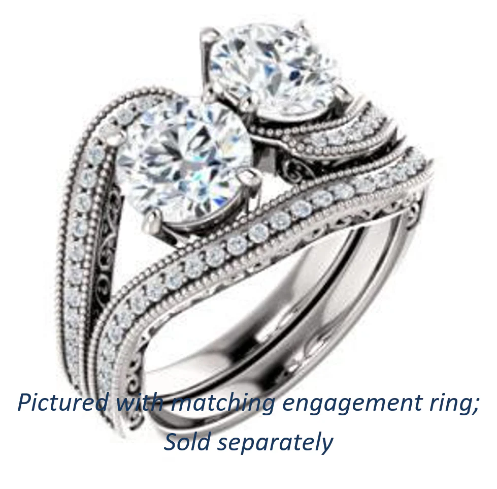 Cubic Zirconia Engagement Ring- The Aylen (Customizable Enhanced 2-stone Round Cut Artisan Design with 3-sided Filigree and Pavé Band) - Image 7