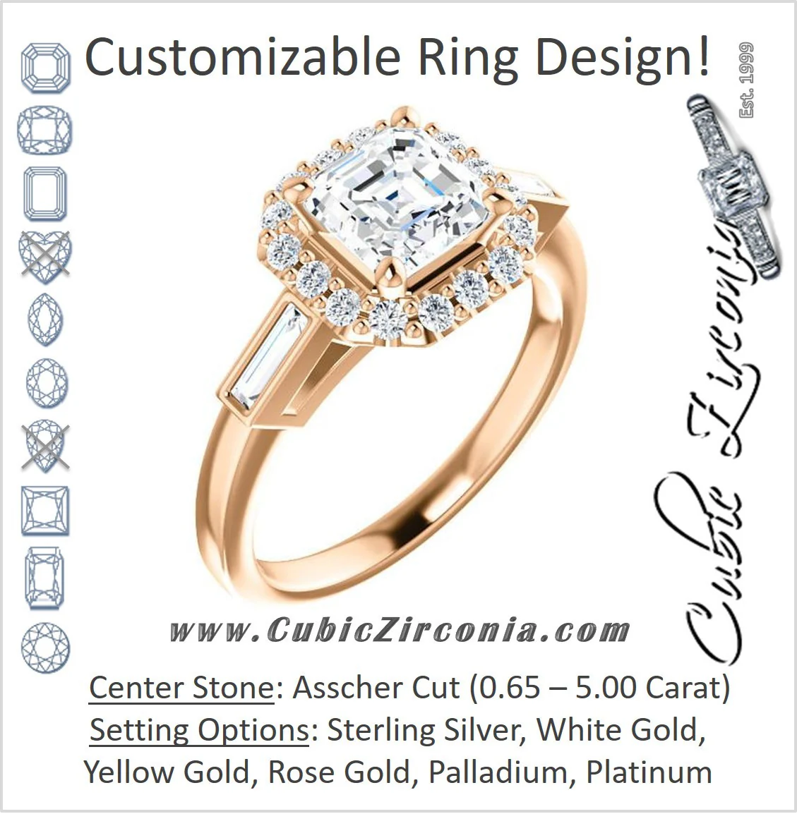 Cubic Zirconia Engagement Ring- The Azariah (Customizable Cathedral Asscher Cut Design with Halo and Straight Baguettes)