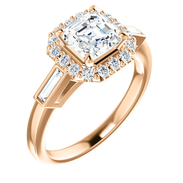 Cubic Zirconia Engagement Ring- The Azariah (Customizable Cathedral Asscher Cut Design with Halo and Straight Baguettes) - Image 2