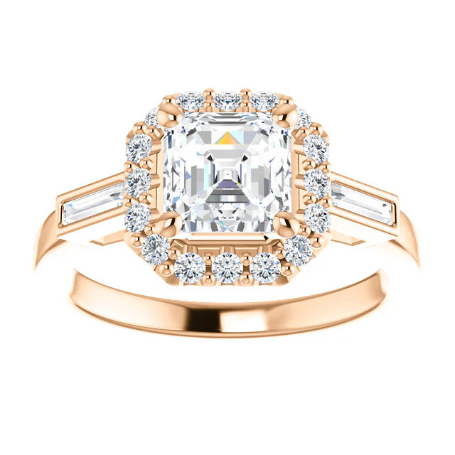 Cubic Zirconia Engagement Ring- The Azariah (Customizable Cathedral Asscher Cut Design with Halo and Straight Baguettes) - Image 3