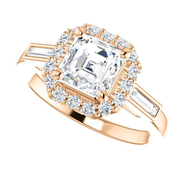 Cubic Zirconia Engagement Ring- The Azariah (Customizable Cathedral Asscher Cut Design with Halo and Straight Baguettes) - Image 6