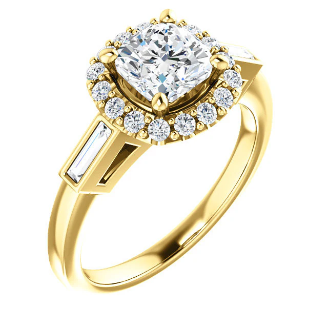 Cubic Zirconia Engagement Ring- The Azariah (Customizable Cathedral Cushion Cut Design with Halo and Straight Baguettes) - Image 2
