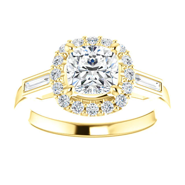 Cubic Zirconia Engagement Ring- The Azariah (Customizable Cathedral Cushion Cut Design with Halo and Straight Baguettes) - Image 4
