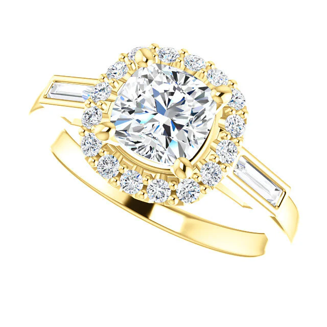 Cubic Zirconia Engagement Ring- The Azariah (Customizable Cathedral Cushion Cut Design with Halo and Straight Baguettes) - Image 6