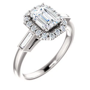 Cubic Zirconia Engagement Ring- The Azariah (Customizable Cathedral Emerald Cut Design with Halo and Straight Baguettes) - Image 2