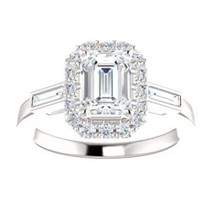 Cubic Zirconia Engagement Ring- The Azariah (Customizable Cathedral Emerald Cut Design with Halo and Straight Baguettes) - Image 4