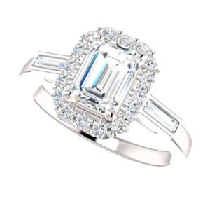 Cubic Zirconia Engagement Ring- The Azariah (Customizable Cathedral Emerald Cut Design with Halo and Straight Baguettes) - Image 6