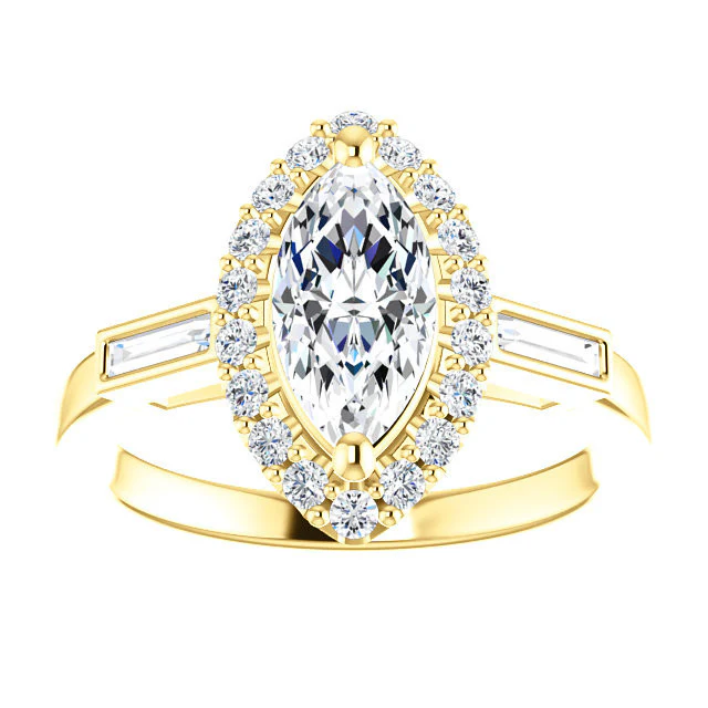 Cubic Zirconia Engagement Ring- The Azariah (Customizable Cathedral Marquise Cut Design with Halo and Straight Baguettes) - Image 2