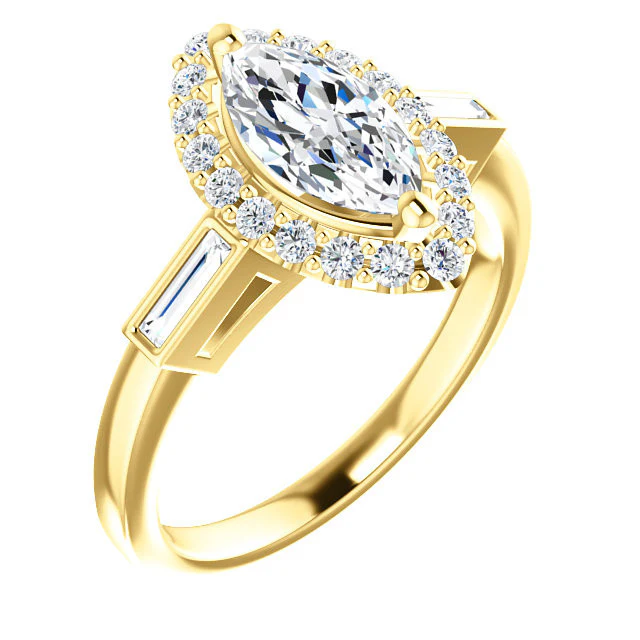 Cubic Zirconia Engagement Ring- The Azariah (Customizable Cathedral Marquise Cut Design with Halo and Straight Baguettes) - Image 5