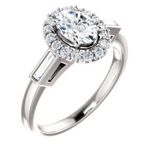 Cubic Zirconia Engagement Ring- The Azariah (Customizable Cathedral Oval Cut Design with Halo and Straight Baguettes) - Image 2