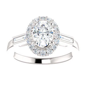 Cubic Zirconia Engagement Ring- The Azariah (Customizable Cathedral Oval Cut Design with Halo and Straight Baguettes) - Image 5