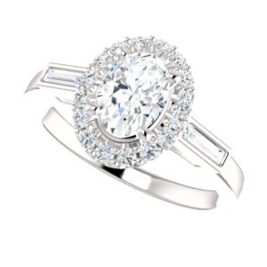 Cubic Zirconia Engagement Ring- The Azariah (Customizable Cathedral Oval Cut Design with Halo and Straight Baguettes) - Image 6