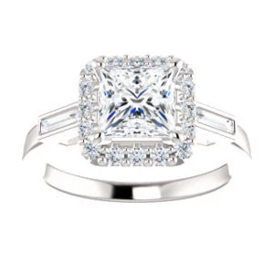 Cubic Zirconia Engagement Ring- The Azariah (Customizable Cathedral Princess Cut Design with Halo and Straight Baguettes) - Image 2