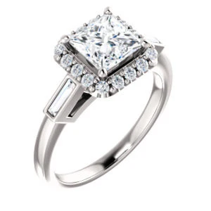 Cubic Zirconia Engagement Ring- The Azariah (Customizable Cathedral Princess Cut Design with Halo and Straight Baguettes) - Image 4