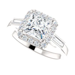 Cubic Zirconia Engagement Ring- The Azariah (Customizable Cathedral Princess Cut Design with Halo and Straight Baguettes) - Image 7
