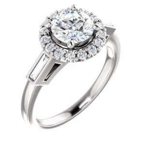 Cubic Zirconia Engagement Ring- The Azariah (Customizable Cathedral Round Cut Design with Halo and Straight Baguettes) - Image 2