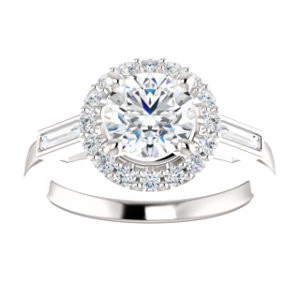 Cubic Zirconia Engagement Ring- The Azariah (Customizable Cathedral Round Cut Design with Halo and Straight Baguettes) - Image 4