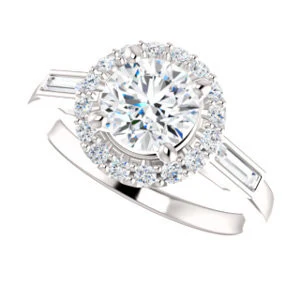 Cubic Zirconia Engagement Ring- The Azariah (Customizable Cathedral Round Cut Design with Halo and Straight Baguettes) - Image 6
