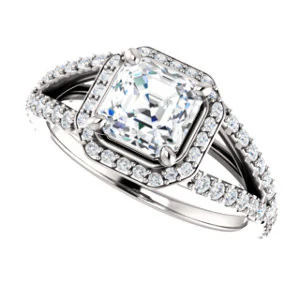 Cubic Zirconia Engagement Ring- The Azul (Customizable Asscher Cut Style with Cathedral-Halo and Split-Pavé Band) - Image 6