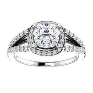 Cubic Zirconia Engagement Ring- The Azul (Customizable Cushion Cut Style with Cathedral-Halo and Split-Pavé Band) - Image 4