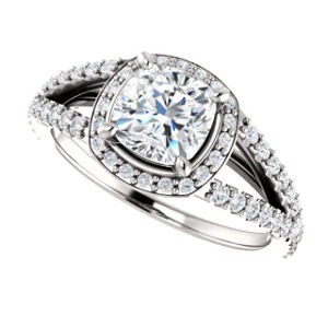 Cubic Zirconia Engagement Ring- The Azul (Customizable Cushion Cut Style with Cathedral-Halo and Split-Pavé Band) - Image 6