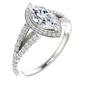 Cubic Zirconia Engagement Ring- The Azul (Customizable Marquise Cut Style with Cathedral-Halo and Split-Pavé Band) - Image 2