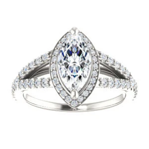Cubic Zirconia Engagement Ring- The Azul (Customizable Marquise Cut Style with Cathedral-Halo and Split-Pavé Band) - Image 4