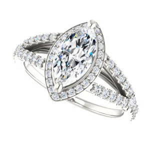 Cubic Zirconia Engagement Ring- The Azul (Customizable Marquise Cut Style with Cathedral-Halo and Split-Pavé Band) - Image 6