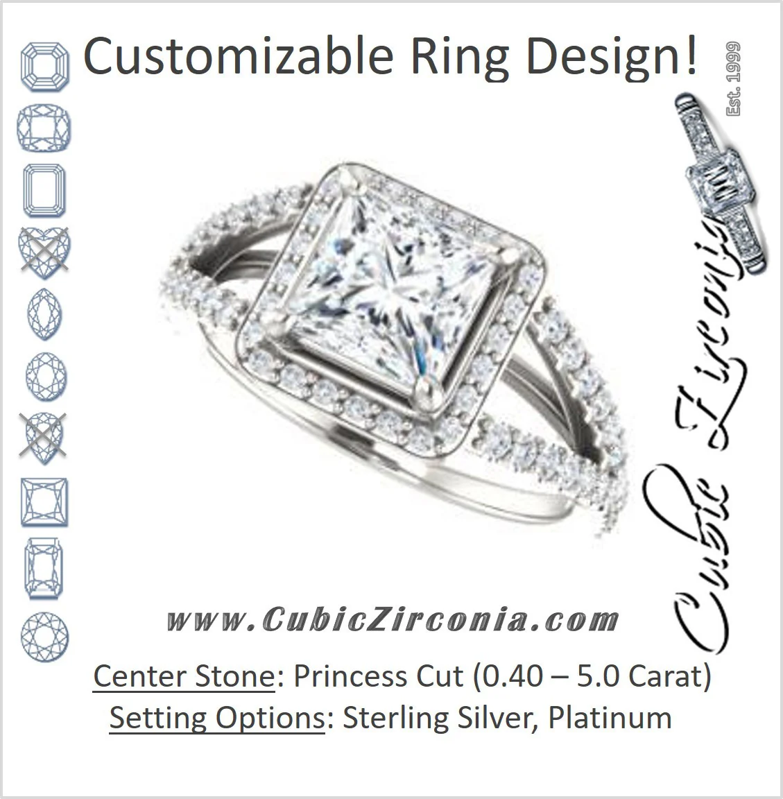 Cubic Zirconia Engagement Ring- The Azul (Customizable Princess Cut Style with Cathedral-Halo and Split-Pavé Band)