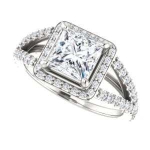 Cubic Zirconia Engagement Ring- The Azul (Customizable Princess Cut Style with Cathedral-Halo and Split-Pavé Band) - Image 6