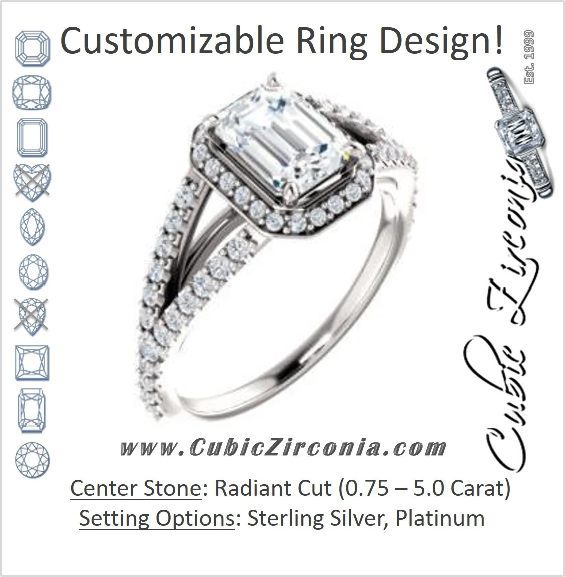 Cubic Zirconia Engagement Ring- The Azul (Customizable Radiant Cut Style with Cathedral-Halo and Split-Pavé Band)