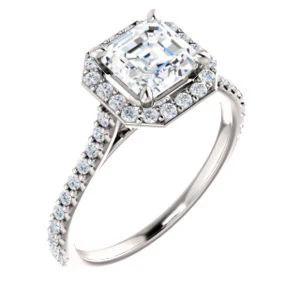 Cubic Zirconia Engagement Ring- The Bailey (Customizable Cathedral-set Asscher Cut Design with Halo, Thin Pavé Band and Floating Peekaboo) - Image 2