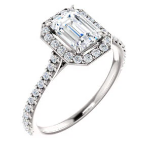 Cubic Zirconia Engagement Ring- The Bailey (Customizable Cathedral-set Emerald Cut Design with Halo, Thin Pavé Band and Floating Peekaboo) - Image 2