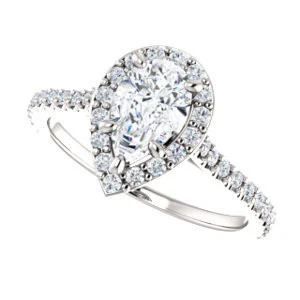 Cubic Zirconia Engagement Ring- The Bailey (Customizable Cathedral-set Pear Cut Design with Halo, Thin Pavé Band and Floating Peekaboo) - Image 6